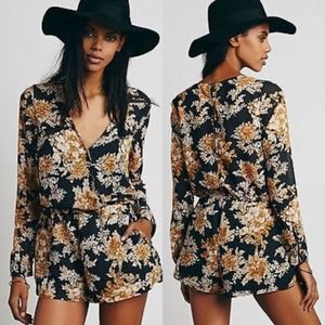 Free People Black Floral V-Neck Long Sleeve Romper with Gold & Cream Print
